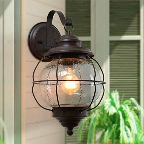 LNC A03195 Wall Sconce Outdoor Farmhouse Exterior Lantern Light Fixtures with Clear Bubbled Glass Globe in Iron Cage Frame for Entryway Yards Front Porch Garage Bronze