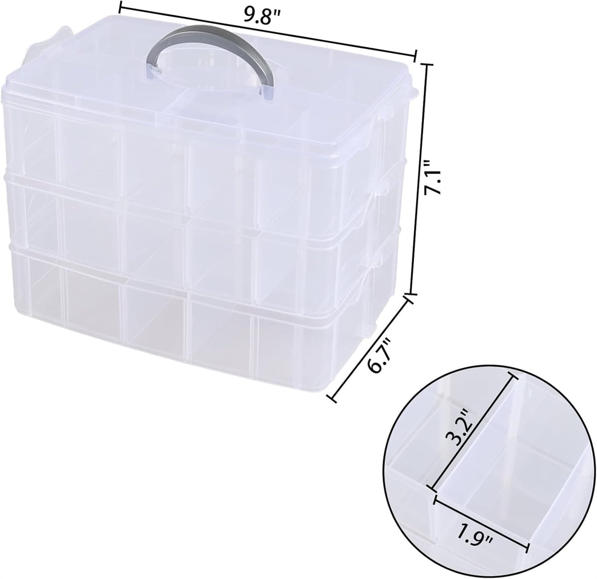 Tutuviw 3-Tier Things & Crafts Storage Box with 30 Adjustable Compartments Snap-Lock Tray Container Stackable Compartment Slot Plastic Storage Box, Container Box (Clear)