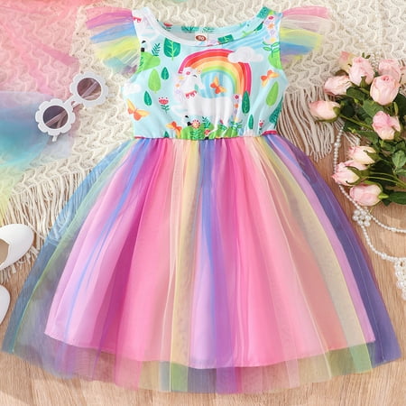 

3-24M Baby Girls Ruffle Sleeveless Rainbow Unicorn Princess Cartoon Lace Tutu Sundress