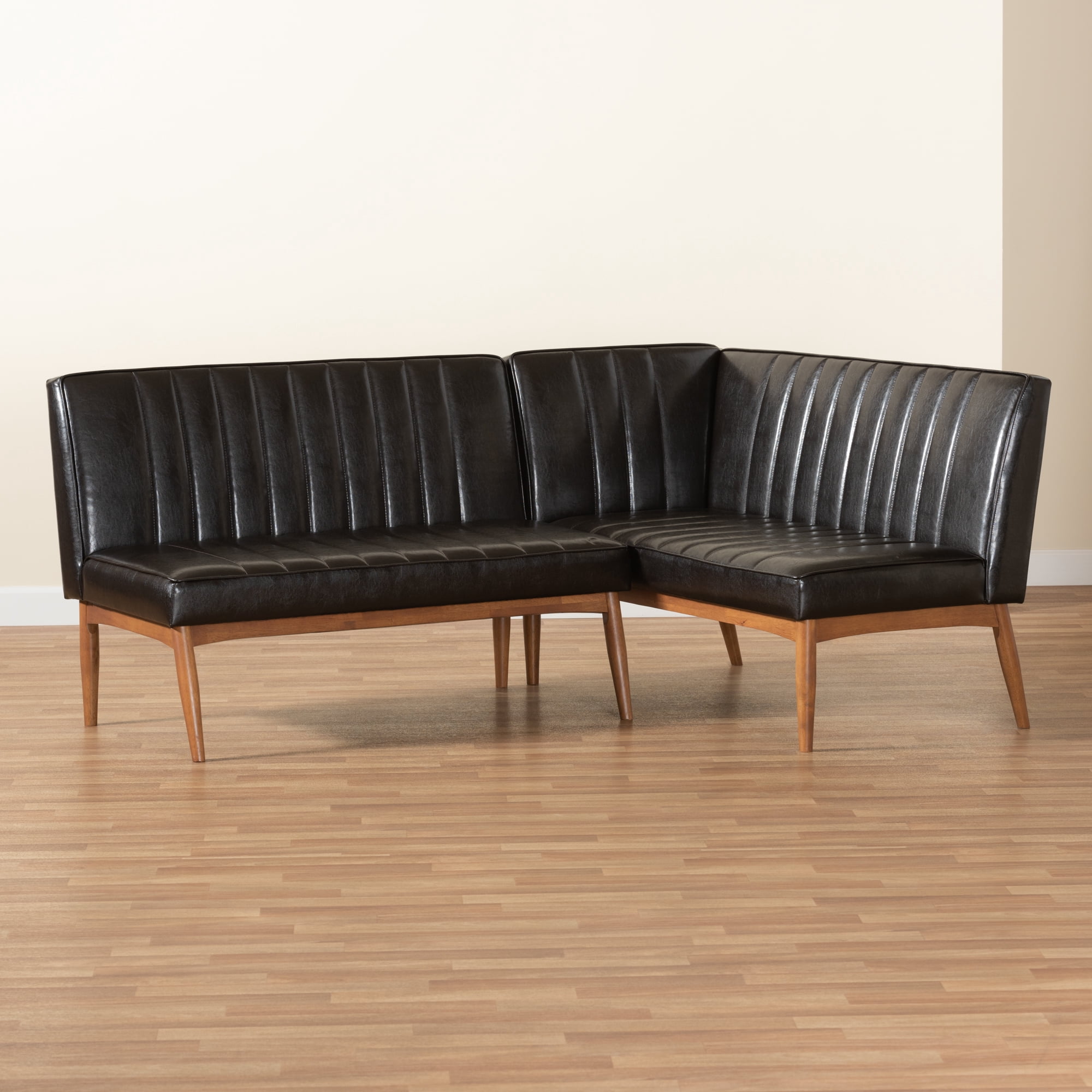 Baxton Studio Daymond Mid-Century Modern Dark Brown Faux Leather Upholstered and Walnut Brown Finished Wood 2-Piece Dining Nook Banquette Set