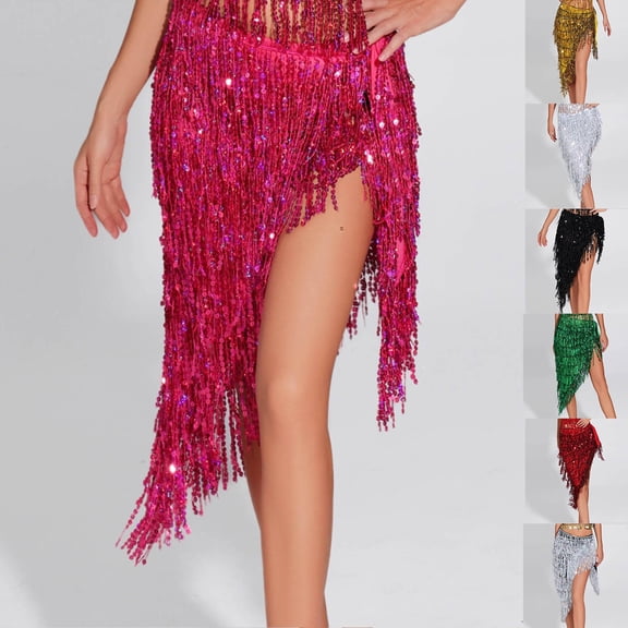 SEMPAI Belly Dance Hip Scarf Skirt Fringe Sequin Wrap Latin Salsa Costume Waist Shawl for Women Performance