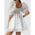thumbnail image 6 of Qiylii Women's 2022 Summer Mini Princess Dresses Floral Print Puff Short Sleeves Square Neckline Open Back Mesh Dress, 6 of 9