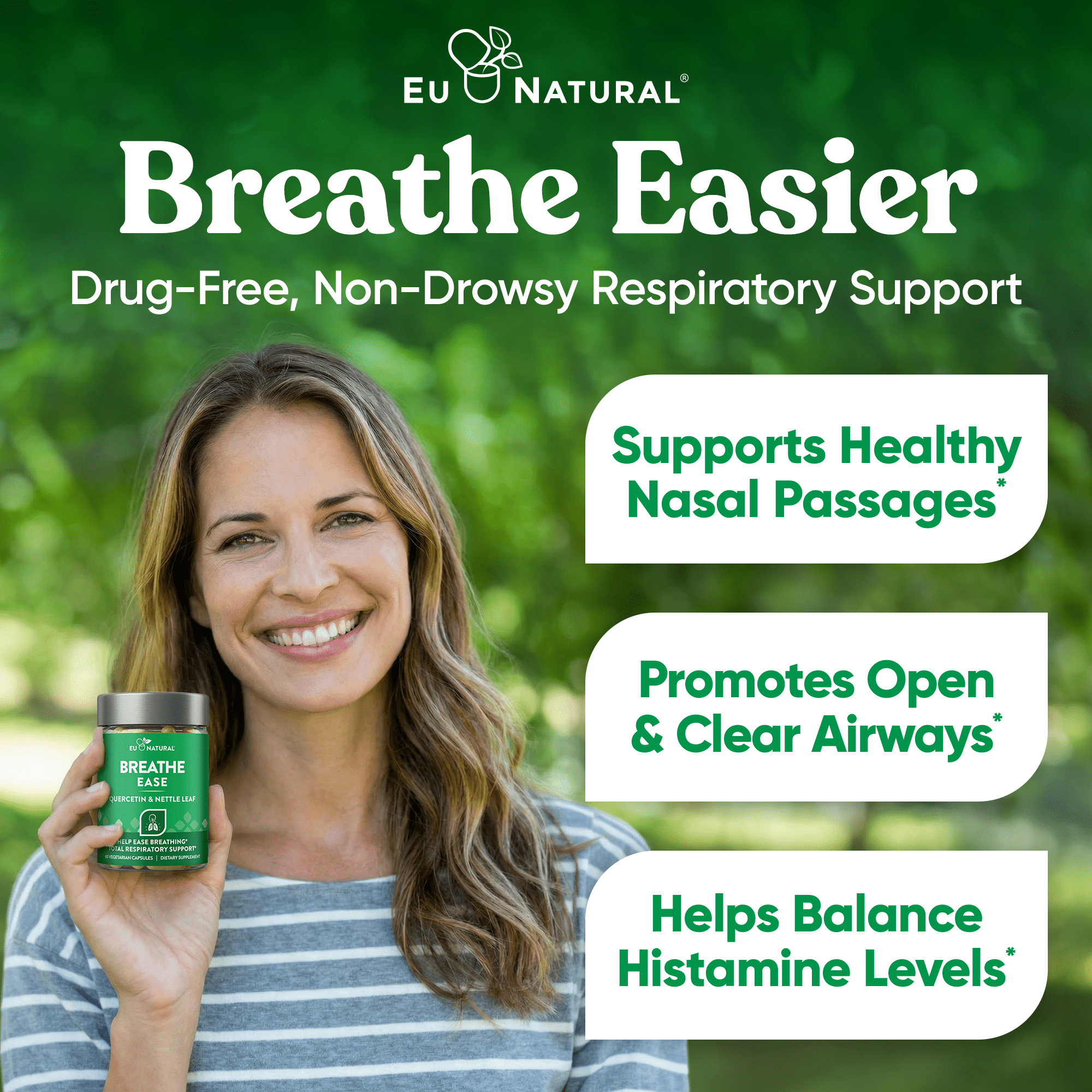 Eu Natural Breathe Inhaler Support Supplement Sinus, Lungs, Quercetin, Vitamin D, Bromelain 60 Vegetarian Soft Capsules