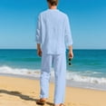 thumbnail image 5 of RYDCOT Men 2 Piece Beach Vacation Outfit Pants Set Summer Casual Fashion Linen Button up Stand Collar Long Sleeve Shirt Long Pants Set Light Blue, 5 of 9