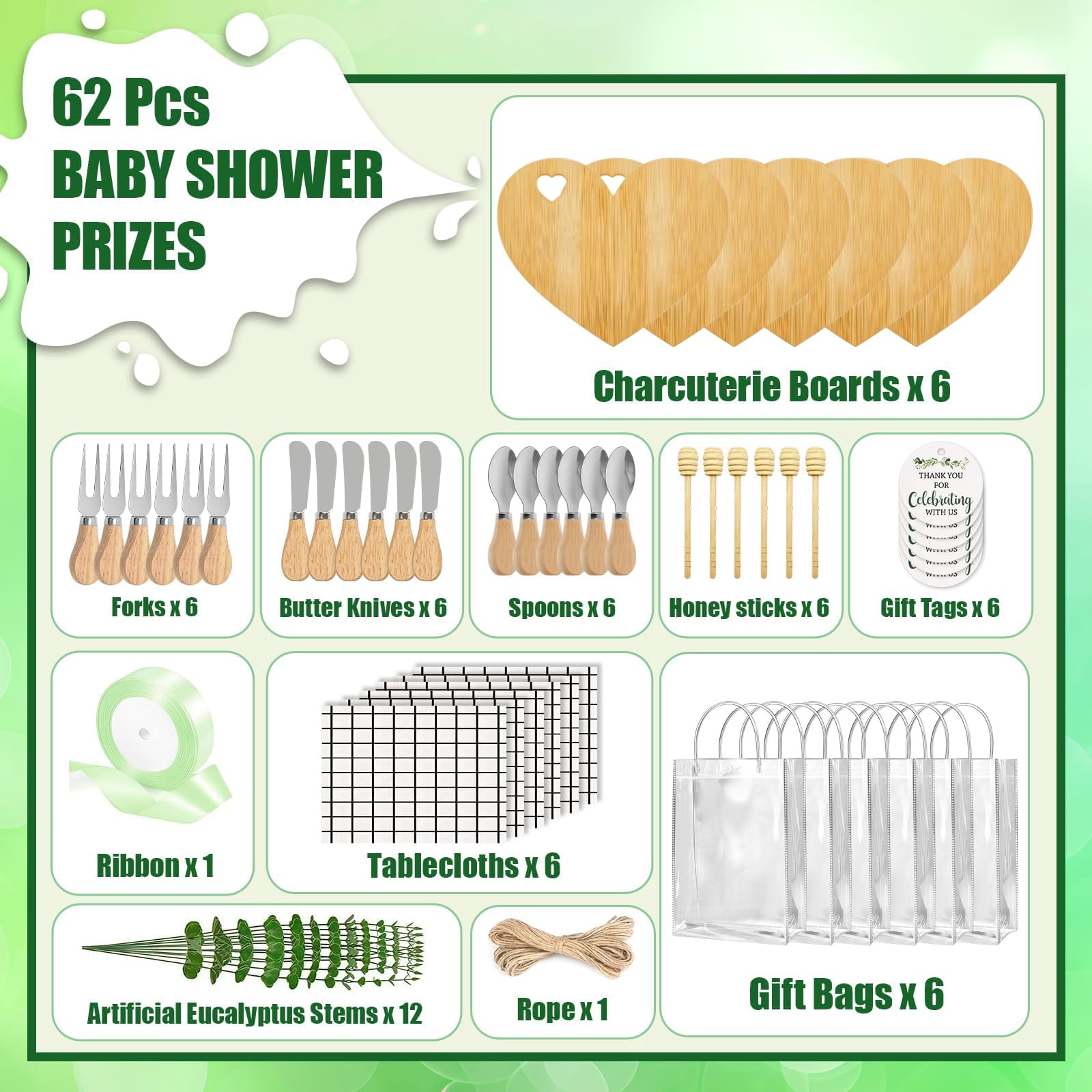 62 Pcs/6 Set Baby Shower Prizes for Game Winners, Heart Bamboo Cheese Board Gift for Guest with Knives Fork Spoon, Honey Sticks, Tablecloth, Eucalyptus Stem, Gift Bag, Bridal Shower Party Favors