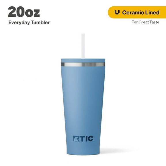 RTIC 20 oz Ceramic Lined Everyday Tumbler, Spill-Resistant Straw Lid, Denim