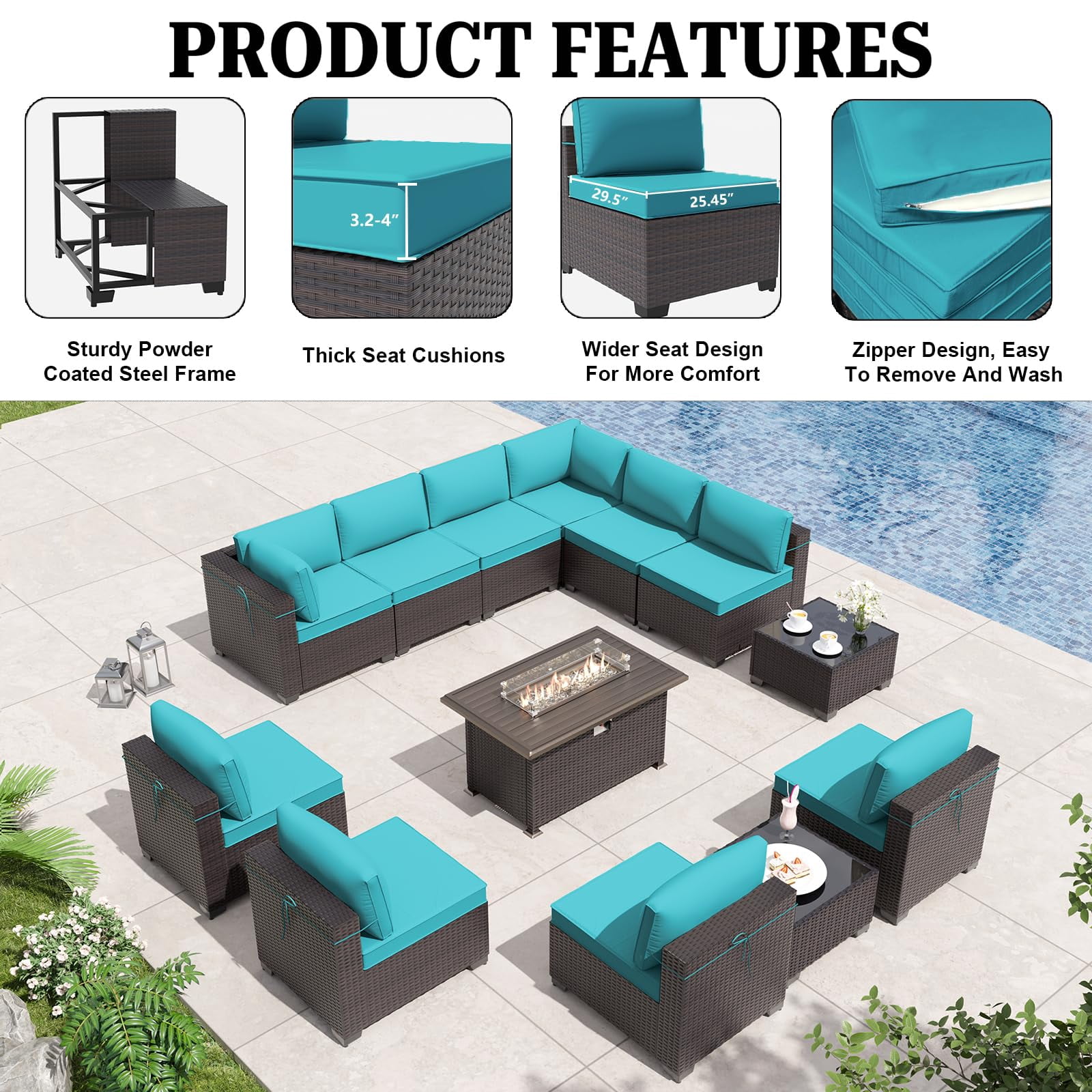 ALAULM 13 Piece Patio Furniture Set,Wicker Rattan Outdoor Sectional Sofa Set with Gas Fire Pit Table & Coffee Table,Blue