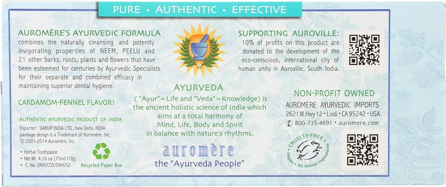 Auromere Ayurvedic Herbal Toothpaste Non Foaming Cardamom-Fennel - 4.16 oz Pack of 3