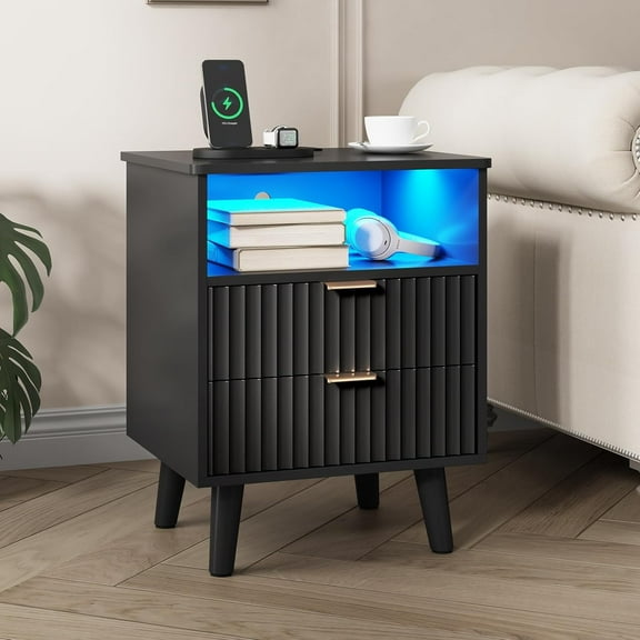 Fluted Nightstand with 2 Drawers and Open Storage Cubby, Modern Bedside Table with LED Lights & Metal Handle for Bedroom, Black