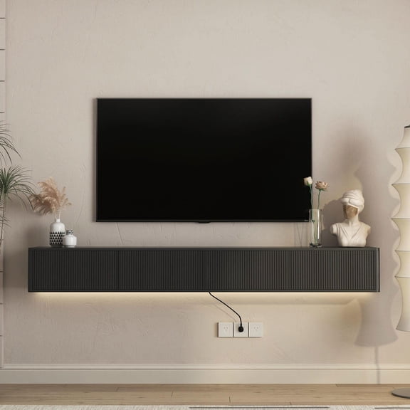 YYAo Floating TV Stand with LED Lights & Power Outlet, Wall Mounted High Gloss TV Shelf, Modern TV Cabinet for Living Room, Black