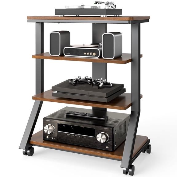 RTVR 4 Tier Audio Rack Tower, CD Record Player Stereo Receiver AV Equipment Cabinet Display Rack, with Adjustable Wooden Shelves for Home, Brown