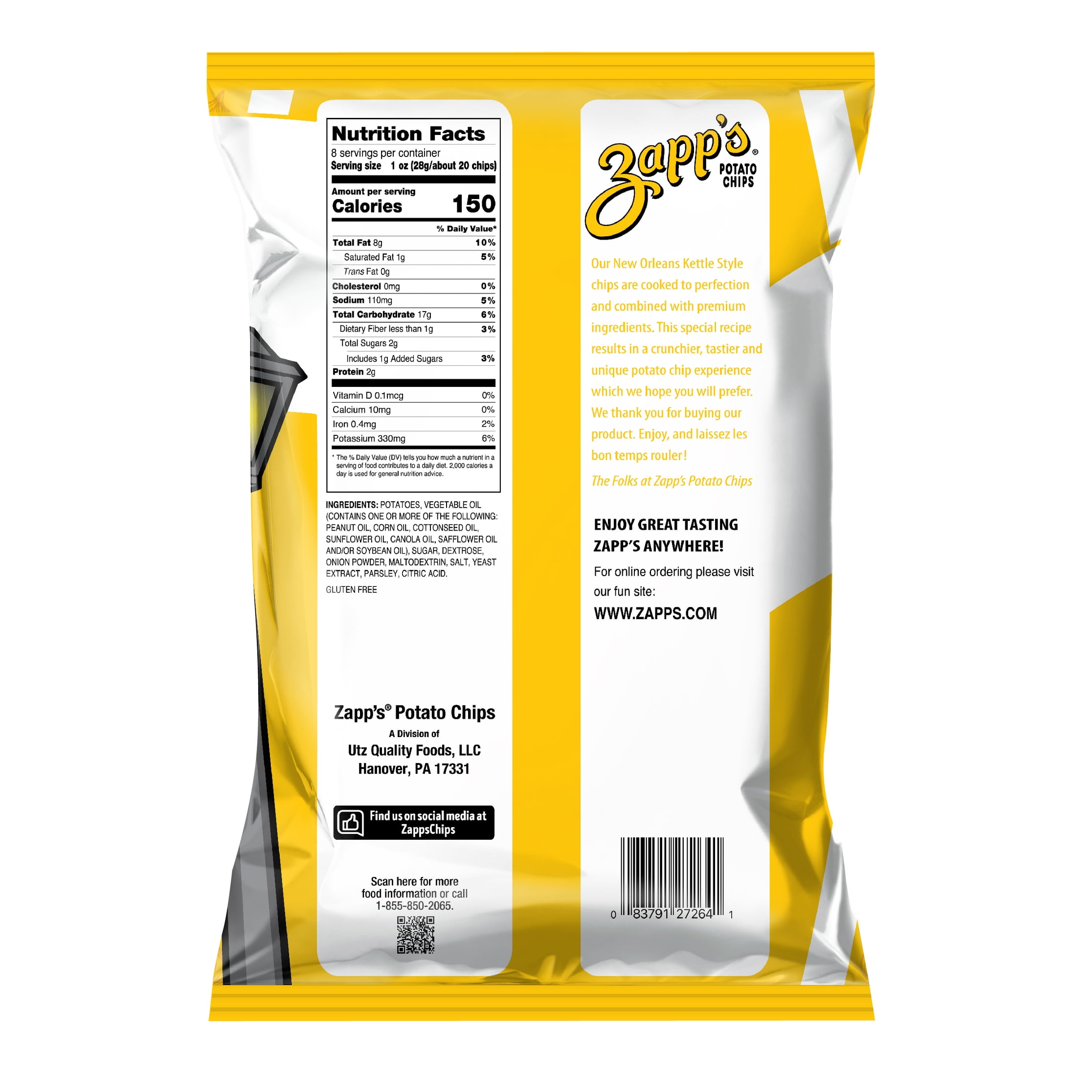 Zapp's Sweet Creole Onion New Orleans Kettle Style Potato Chips, Gluten-Free, 8 oz Bag