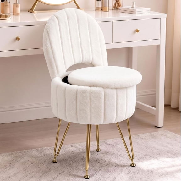 Vanity Stool Chair with Storage, Folding Back,Faux Fur,White,Small,Soft Ottoman,Modern Chairs for Makeup,Vanity Bench,Metal Legs,Adjustable Feet,for Living Room,Bedroom,Makeup Room