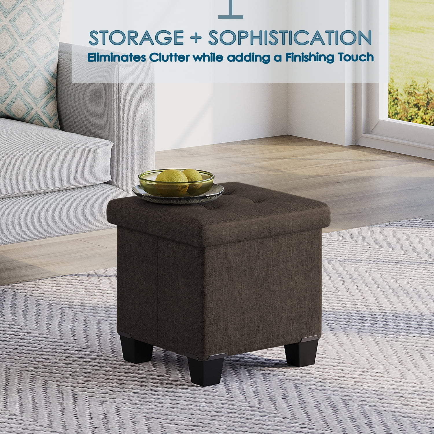 StorageBud Ottoman with Storage Bench, 15-inch Foot Stool Storage Ottoman, Linen, Brown