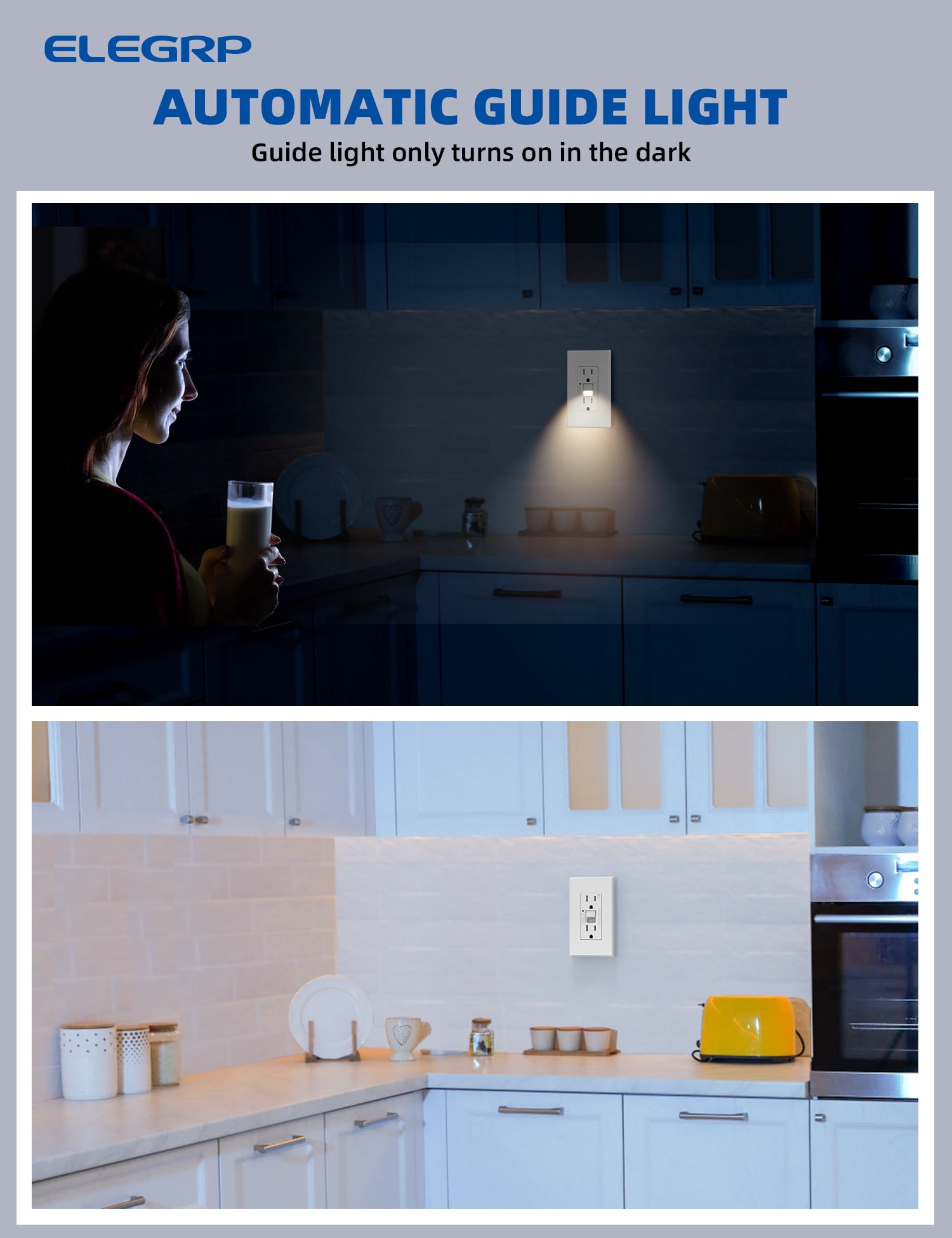 ELEGRP GFCI Outlet w/Nightlight, 15 Amp Self-Test GFI Electrical Outlet, Thinner Design, Tamper Resistant GFCI Receptacle, Ground Fault Receptacle w/Screwless Wall Plate, UL Listed, White 6PC