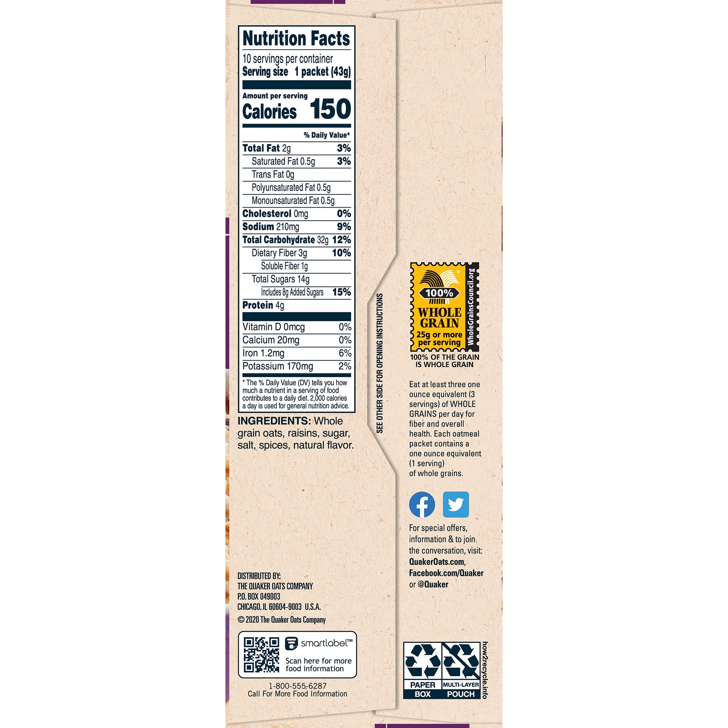 Quaker Instant Oatmeal Raisins & Spice 1.51 oz 10 Packets