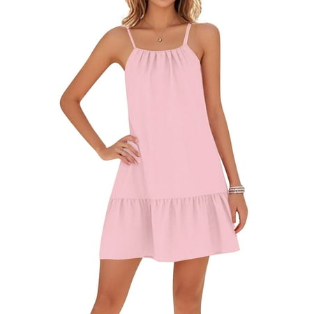 4Th Of July Outfits For Women Western  Spaghetti Strap Pleated Casual Sleeveless Beach Backless Mini Dresses Wedding Garment Bag Dresses Gold 2024 Semi Formal Dresses Midi (L  Pink) ZMTing