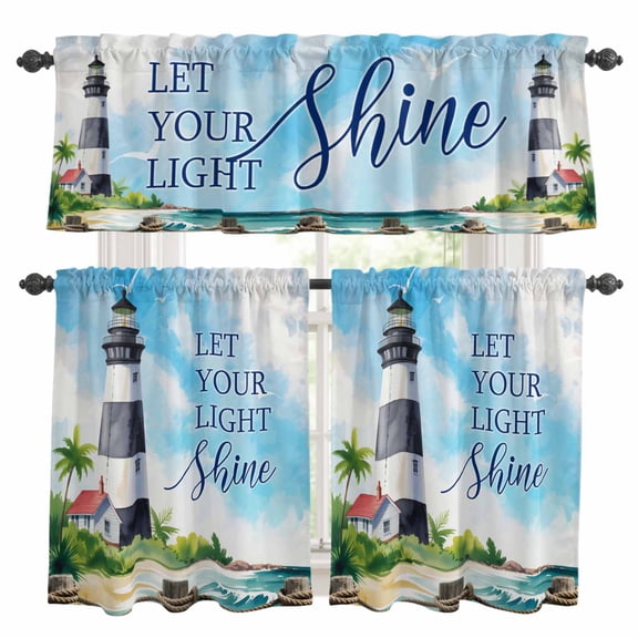 Lighthouse Kitchen Curtains Sets for Windows 24 Inch Length, Blue Coastal Nautical Ocean Beach Palm Tree Rod Pocket Window Treatments Tier Curtains and Valances Set for Bedroom/Bathroom