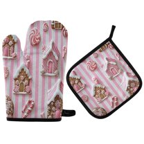 Yayeee Oven Mitts and Pot Holder Set of 2 Heat Resistant Kitchen Gloves Baking Hot Pad, Pink Gingerbread Houses