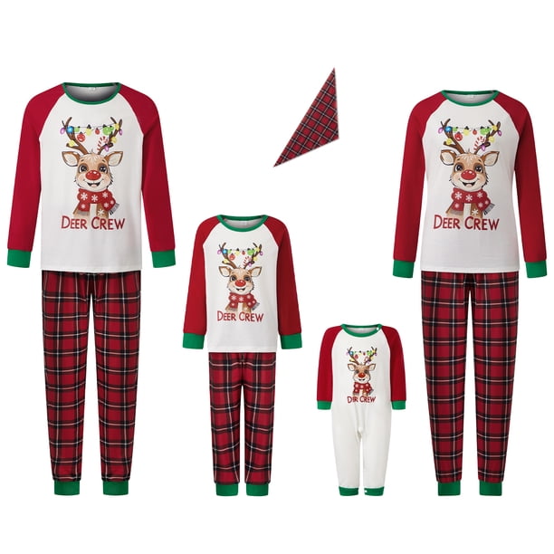 Conjunto de pijama navideño familiar a juego, camisetas de manga larga con estampado de renos y pantalones a cuadros. Ropa de dormir navideña.