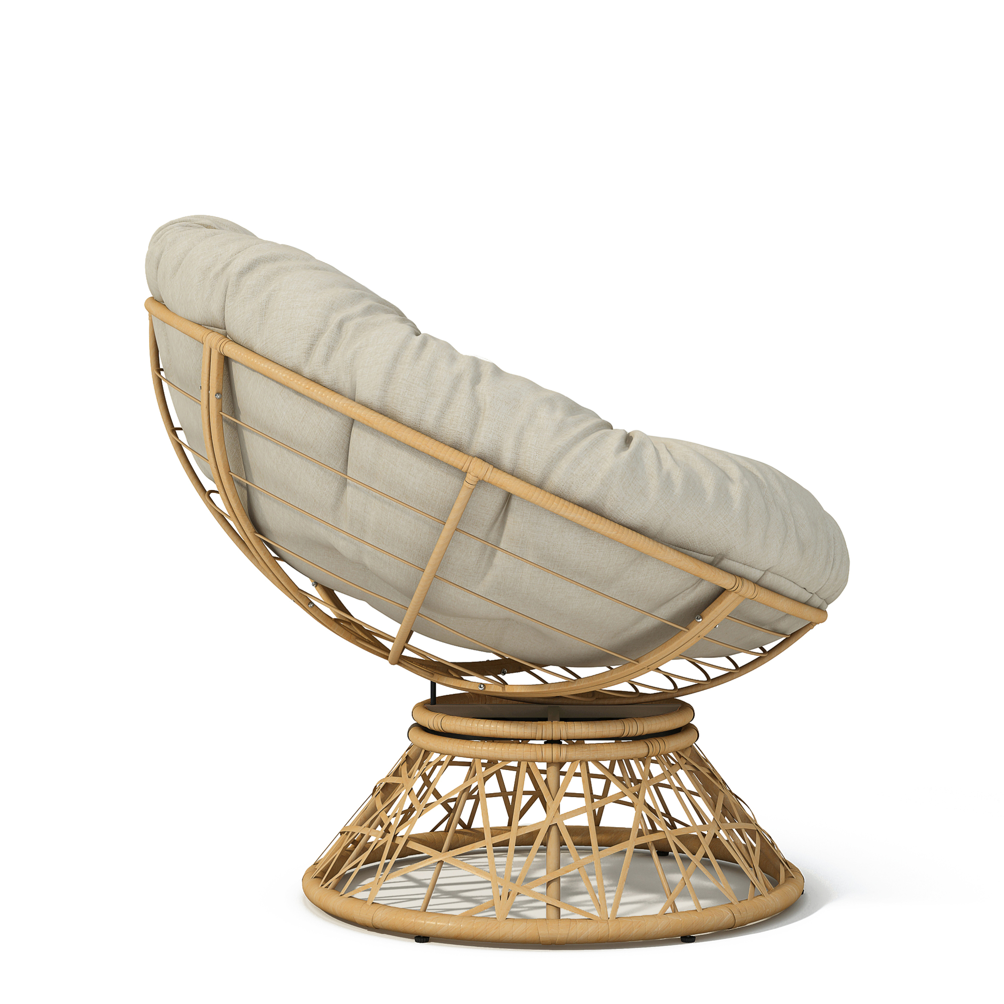 Leumius 40" Papasan Chair, Ergonomic Wicker Chair with Cloud Thick Density Fabric Cushion, Fluid 360 Degree Swivel for Reading,Living Room, Bedroom,Lounge,Gray Base, Beige+Natural Wood