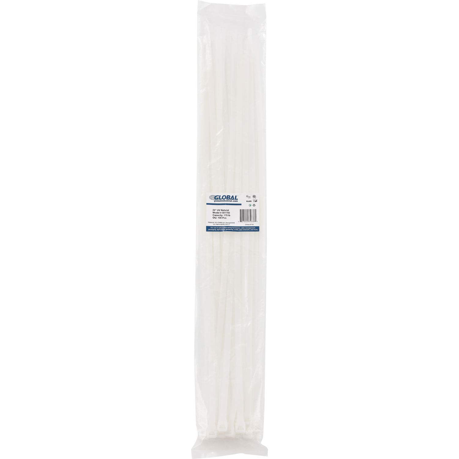 Global Industrial 24"" Cable Zip Ties Natural w/UV 175 lb 100 pack