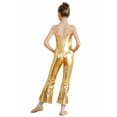 thumbnail image 2 of YEAHDOR Kids Girls Metallic Gymnastics Full Jumpsuit Sleeveless Shiny Bell-Bottomed Bodysuit Jazz Modern Dance Unitard Gold 8, 2 of 7