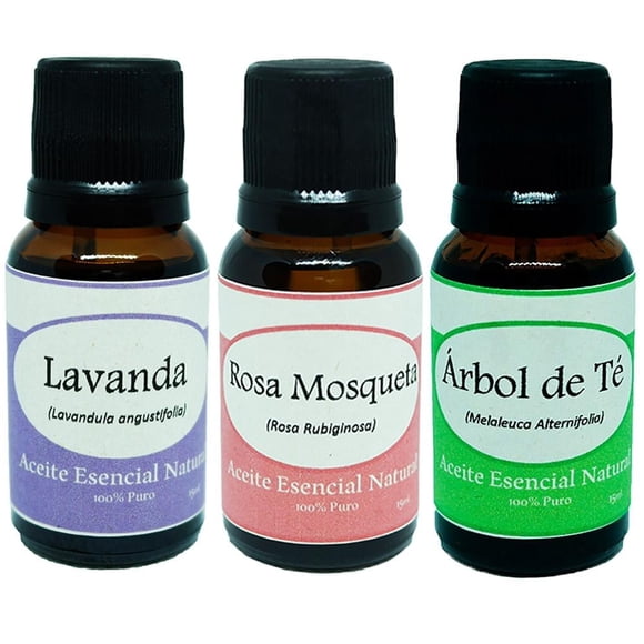 Pack de 3 aceites esenciales naturales Krisamex lavanda, rosa mosqueta y tea tree 15 ml c/u