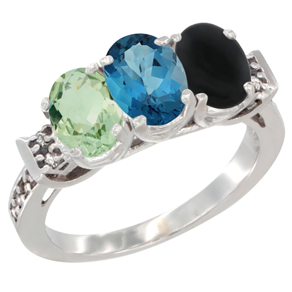 10K White Gold Natural Green Amethyst, London Blue Topaz & Black Onyx Ring 3-Stone Oval 7x5 mm Diamond Accent, sizes 5... by WorldJewels