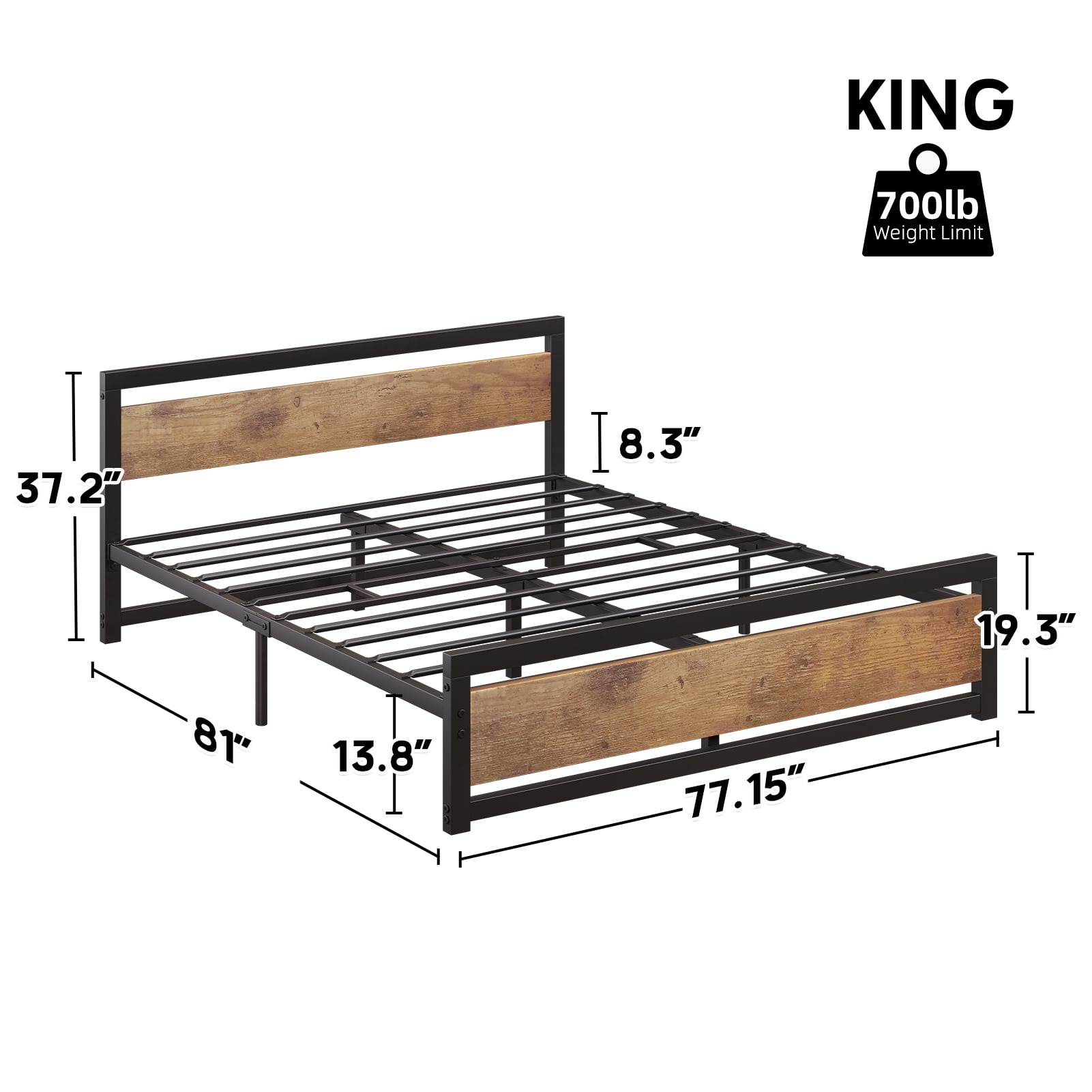 Industrial King Size Platform Bed Frame with Rustic Wooden Headboard – 14 Inch Heavy Duty Metal Support, Large Underbed Storage, Easy Assembly, Noise-Free, No Box Spring Needed King bed