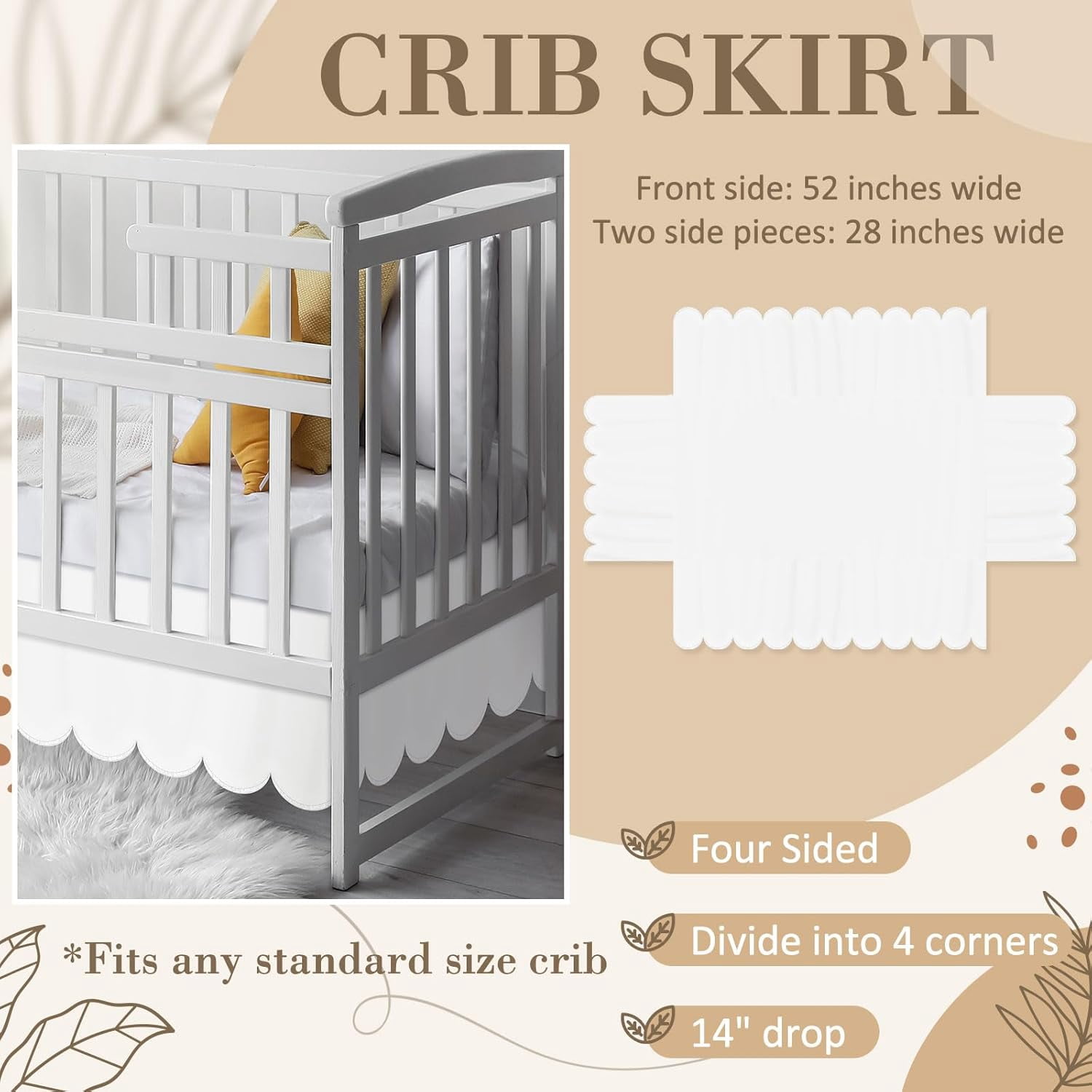 AUQ White Scalloped Crib Skirt; Drop Pleated Dust Ruffle with Split Corners for Baby Boys Girls Soft 4-Sided Crib Bed Skirt Nursery Standard Toddler Bedding