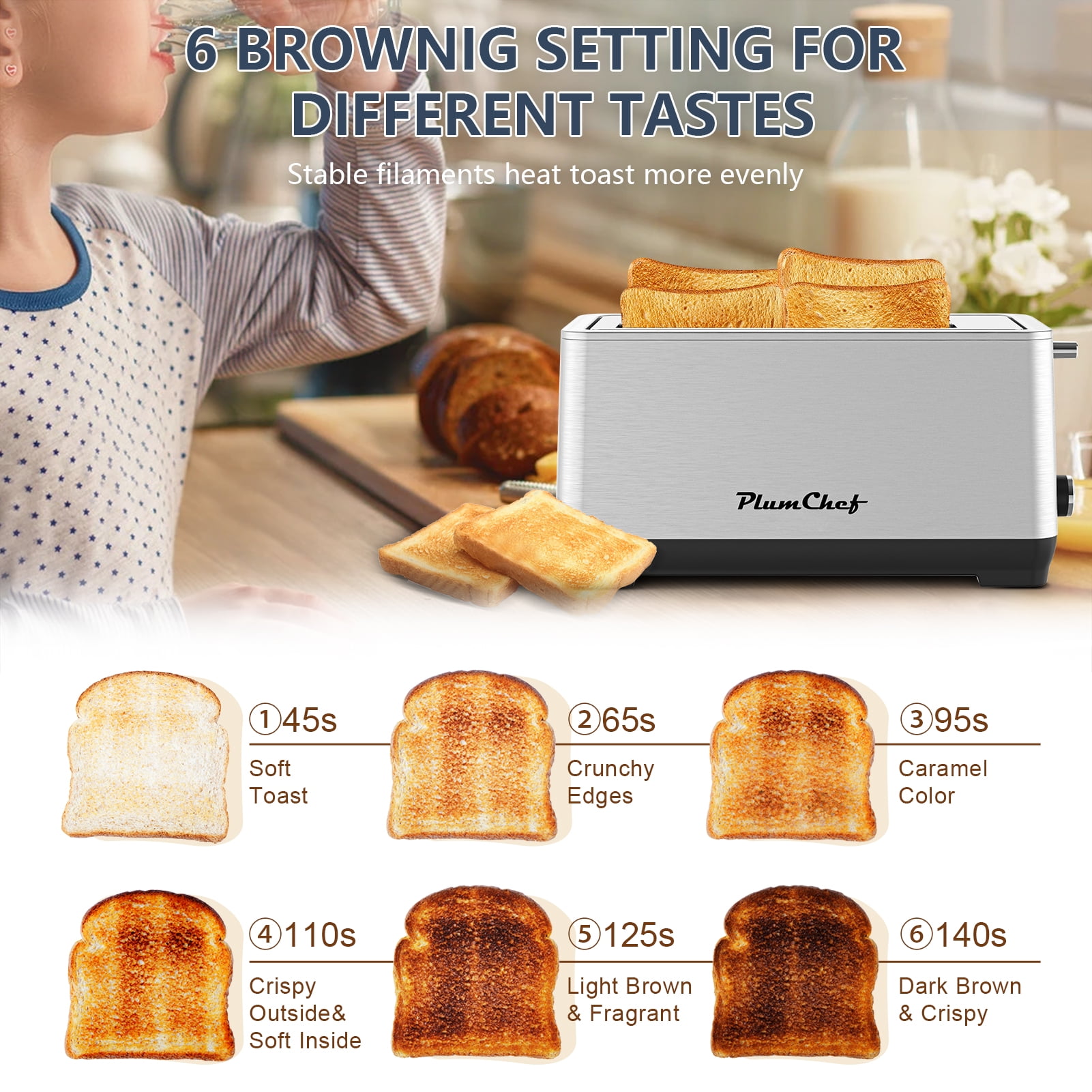 Plum Chef Long Slot 4 Slice Toaster 1600W, for Bagels & Waffles, 6 Browning Levels, 4 Basic Functions & Removable Tray, Kitchen Gadgets, Silver
