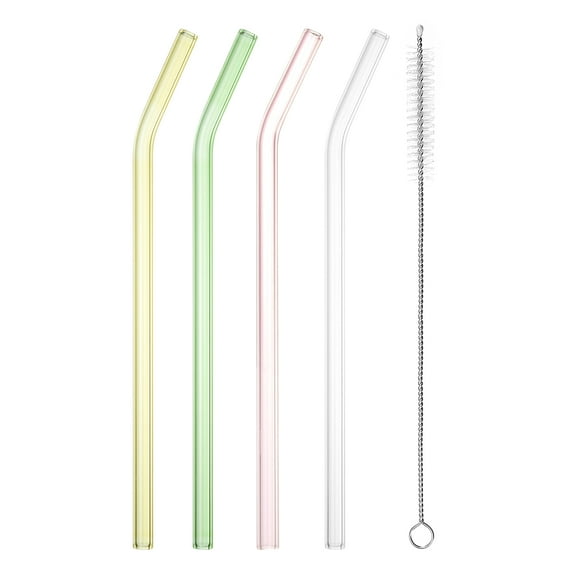 Reusable Straws Glass Straw, 4pcs Replacement Straw Long 8 inch 8mm Wide with Cleaning Brush, Assorted Colors, Bent