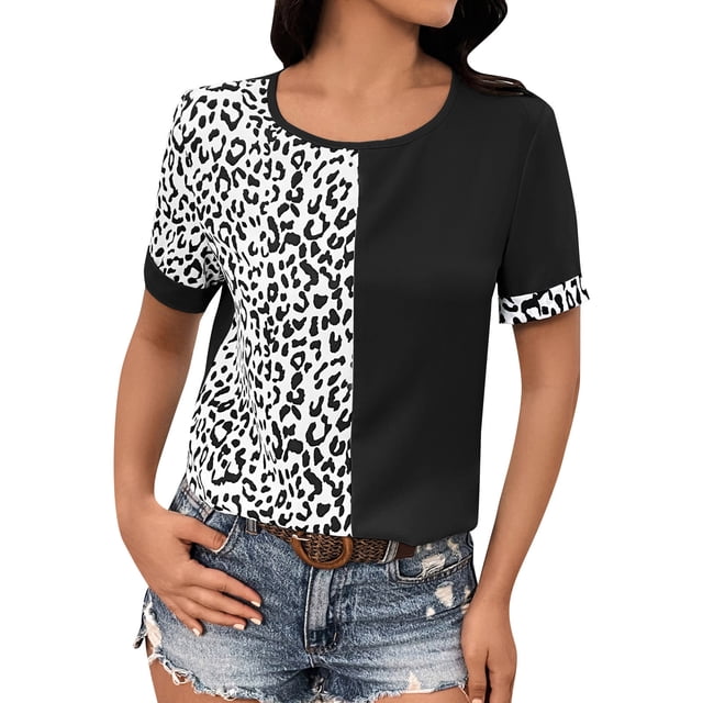 WEAIXIMIUNG Chemises à Manches Longues pour Femmes Travail T-Shirts à Manches Courtes Mode Col Rond Hauts Imprimé Léopard Blouses Décontractées