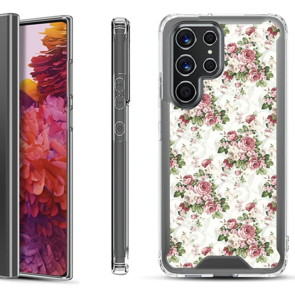 Shockproof Bumper Phone Case for Samsung Galaxy S22 Ultra 5G, by OneToughShield ® - Floral/Rose