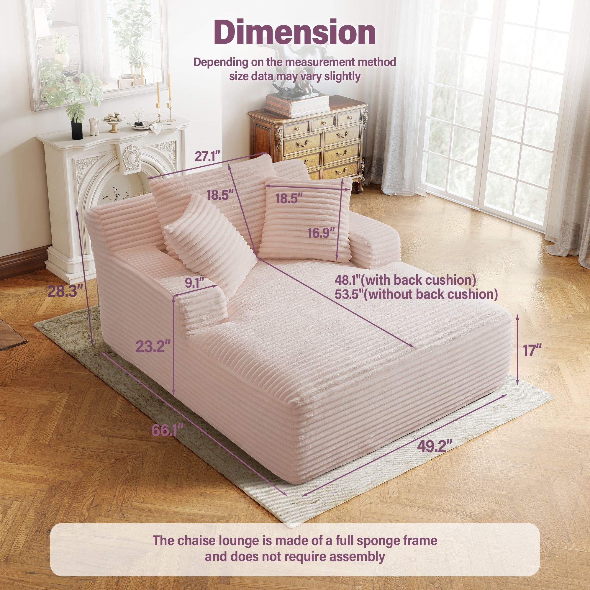 Aukfa Corduroy Chaise Lounge Chair, Oversized Indoor Lounger Floor Sofa Bed for Living Room, Bedroom, Small Space,Pink