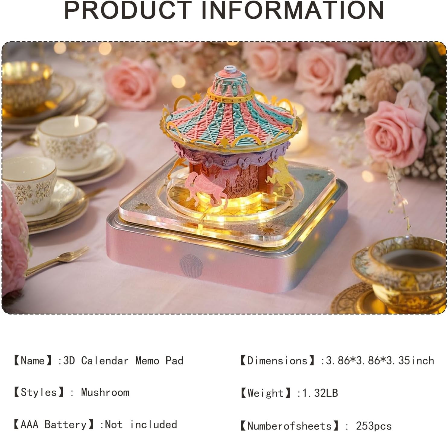 2026 Desk Calendar Carousel with Light, 3D Memo Pad Non-stick Post-it Notes School Office Home Stress Relief Calendar Best Gifts(Carousel)