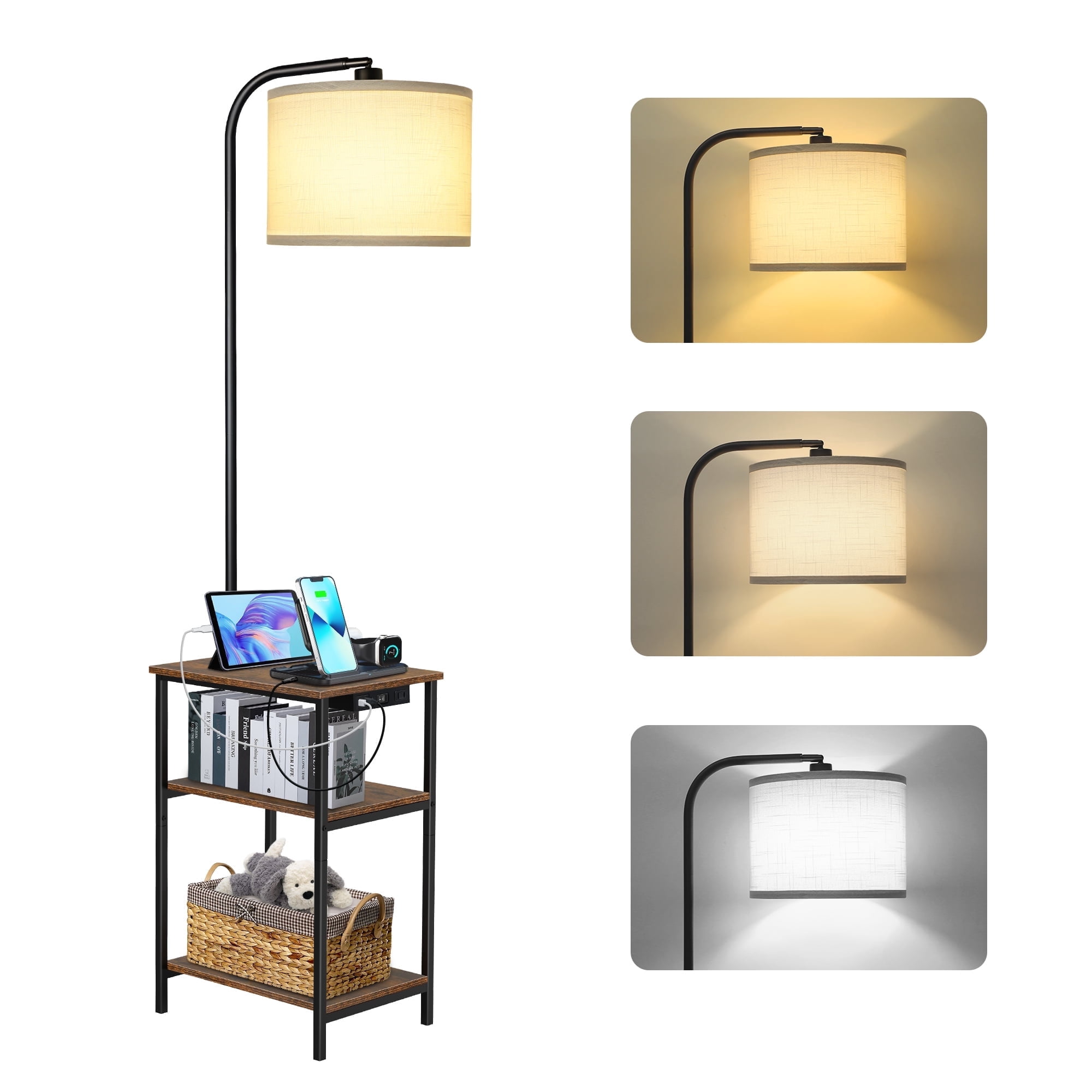 OUTONLIFE Floor Lamp with Table for Living Room with USB & Type C Charging Station, End Table Lamp with 3-Color Temperature LED Bulb for Bedroom, Brown