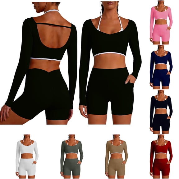 Hesxuno Women Two Piece Workout Sets Halter Open Back Crop Tops High Waist Tummy Control Shorts with Pockets 2026 Athletic Gym Yoga Outfits Gray S