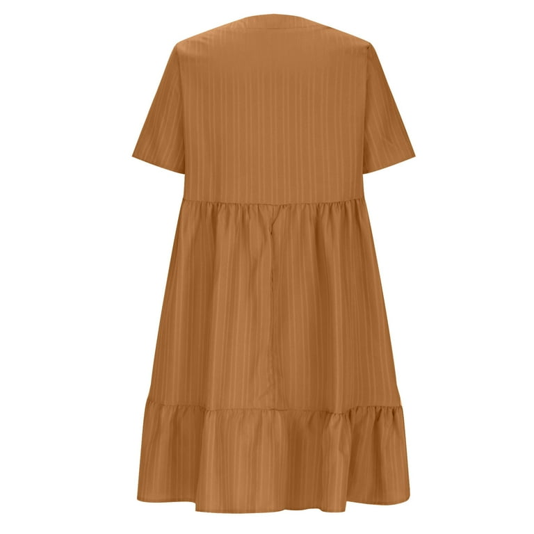 V-Neck Short Sleeve Dress Summer Fashion Casual Loose Ruffled Dresses Beach Clothing Women Brown / XL