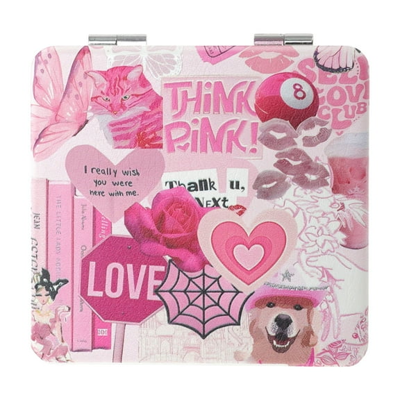 Unique Bargains 1 Pc Women Portable Square Shape Handheld Mirror for Travel Pink Glass