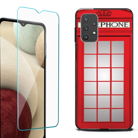 Slim-Fit Flexible TPU Gel Phone Case (black) for Samsung Galaxy A32 5G, with Tempered Glass Screen Protector, by OneToughShield ® - Phone Booth Red