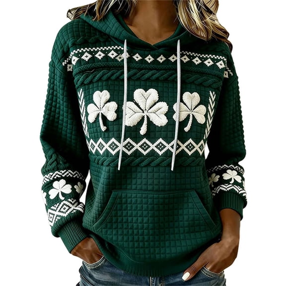St. Patrick's Day Hoodie for Women, Print Shamrock Knot Pattern Pullover Sweatshirt with Front Pocket(Dark Green,L)