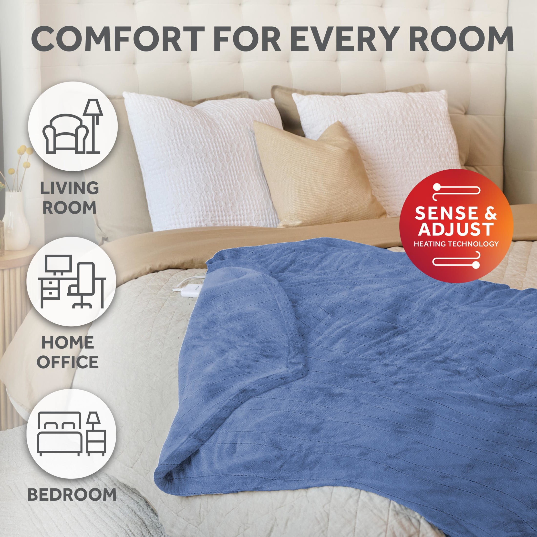 Sunbeam Electric Heated Throw Blanket Oversize Blue Corduroy Microplush 4 Heat Settings
