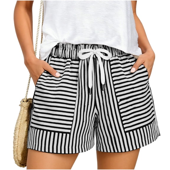 QTBIUQ Striped Shorts for Women Elastic Waist Drawstring Side Pockets Casual Summer Shorts