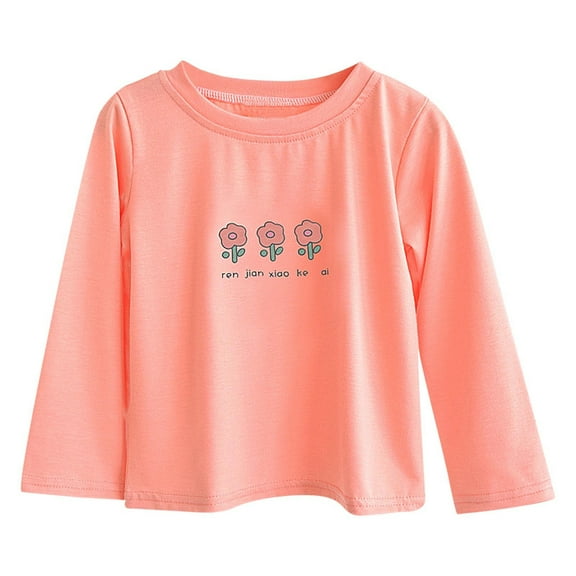 Toddler Cute Long Sleeve Tee, Girls Flower Printed Soft Cottons T-Shirt, Kids Lightweight Basic Crewneck Blouse Undershirts Tops Orange 2Y