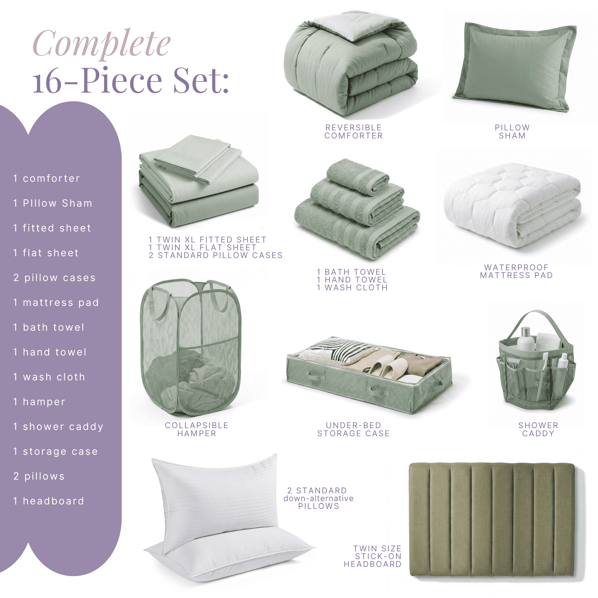 LammaLoe 16 Piece Complete Dorm Room Set, Twin XL Comforter Set, Includes Sheet Set, Mattress Protector, Pillows, Headboard, Towels & Organizers - All Dorm Accessories Included, Sage
