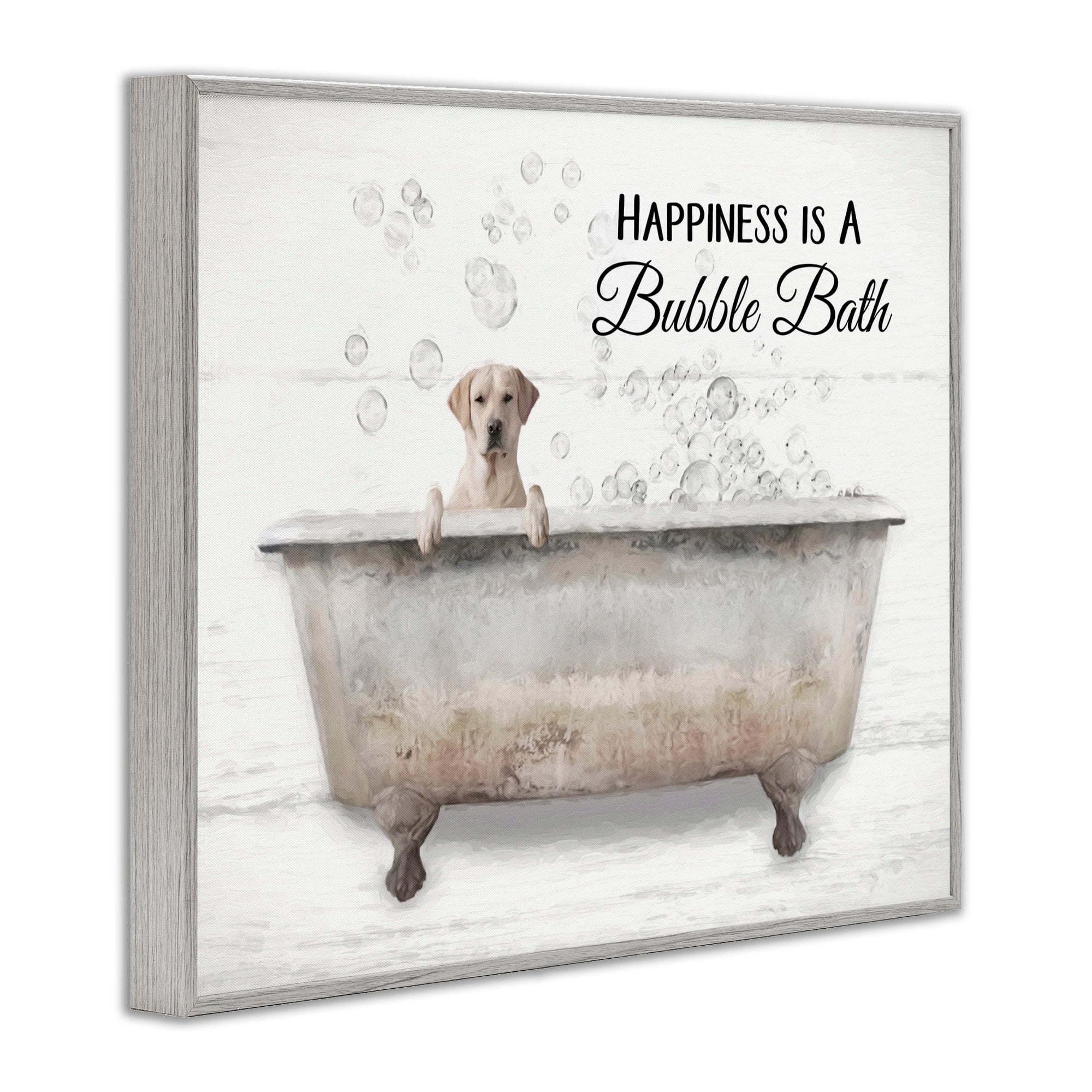 Stupell Industries Happiness Is A Bubble Bath Dog In Tub Word Design Paintings Gray Framed Art Print Wall Art, 24x30, by Lori Deiter
