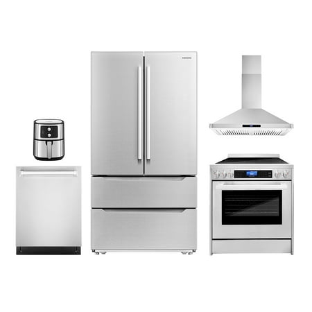 5 Piece Kitchen Package with 30  Freestanding Electric Range 30  Wall Mount Range Hood 24  Built-in Fully Integrated Dishwasher French Door Refrigerator & 5.5L Electric Hot Air Fryer
