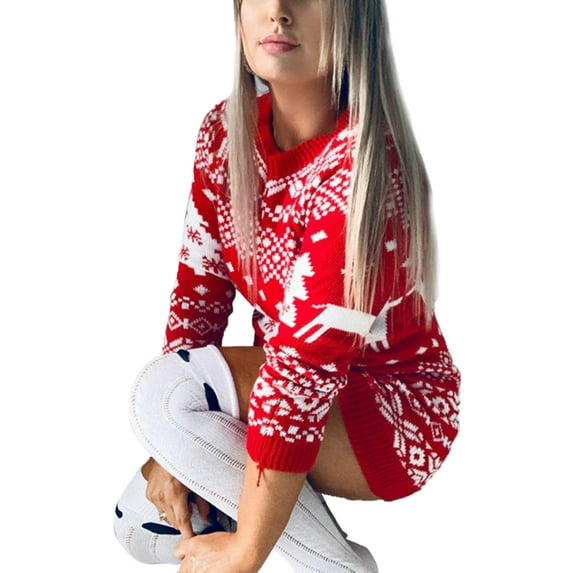 Frontwalk Ladies Pullover Jumper Long Sleeve Mini Dresses Crew Neck Sweater Dress Women Sexy Christmas Print Red L